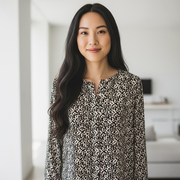 Women’s LOFT Petite Blouse – Black & Tan Animal Print Long Sleeve Top Small - Picture 6 of 6